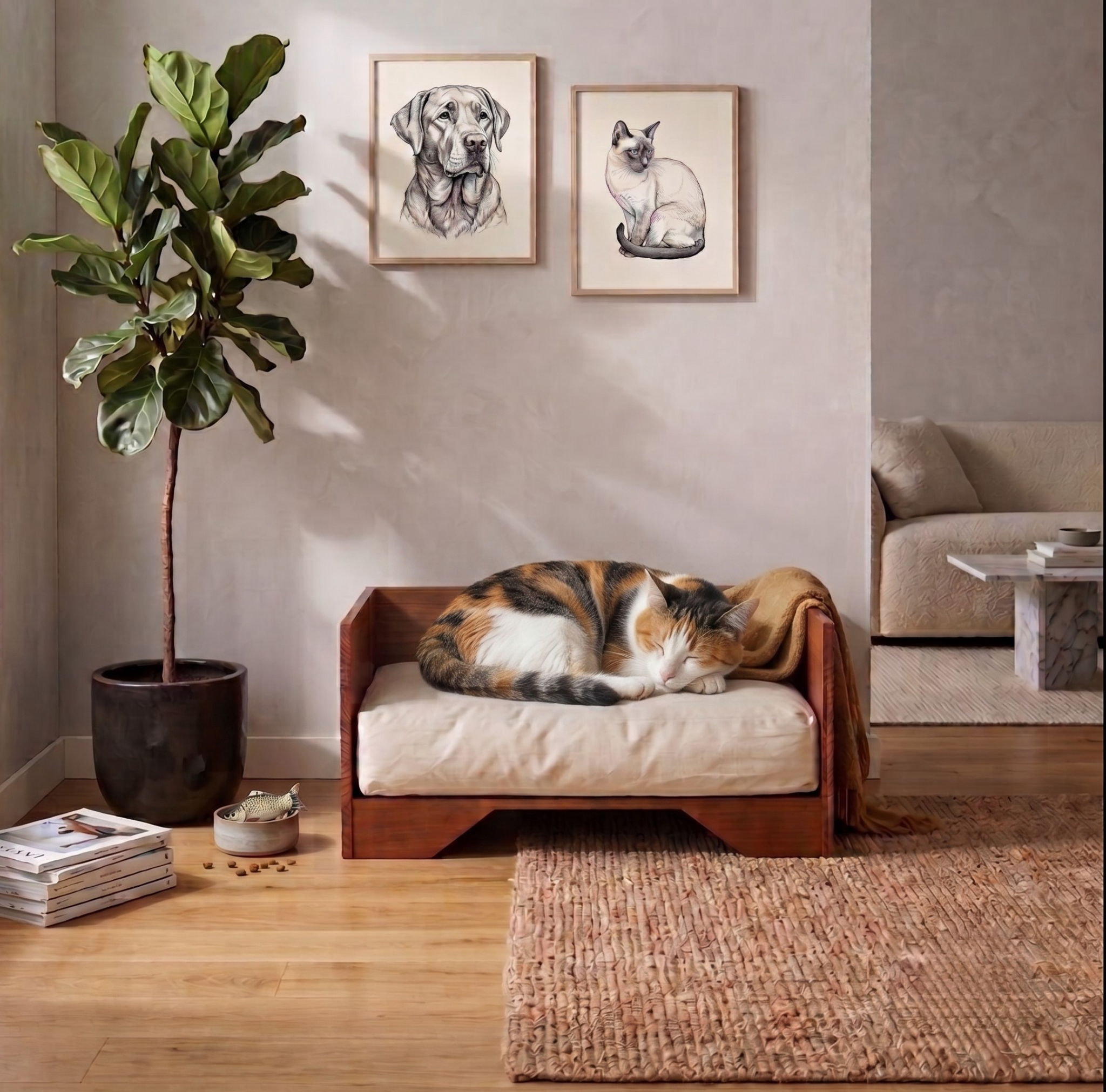 Luxe houten honden- en kattenmand met zacht uitneembaar kussen